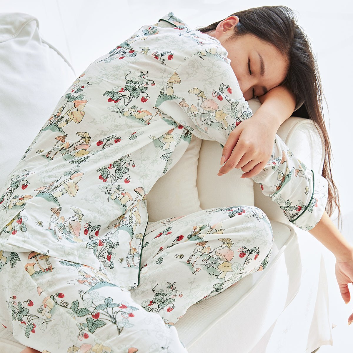 Spring Season Double layer Long Sleeve Women Green Pyjama Set   0cm