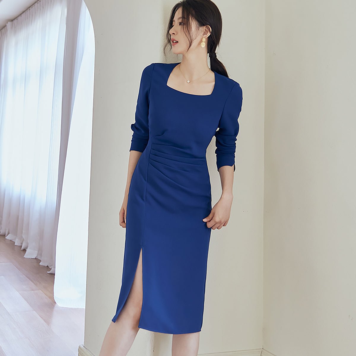 Square Neck Blue Bodycon Dress   0cm