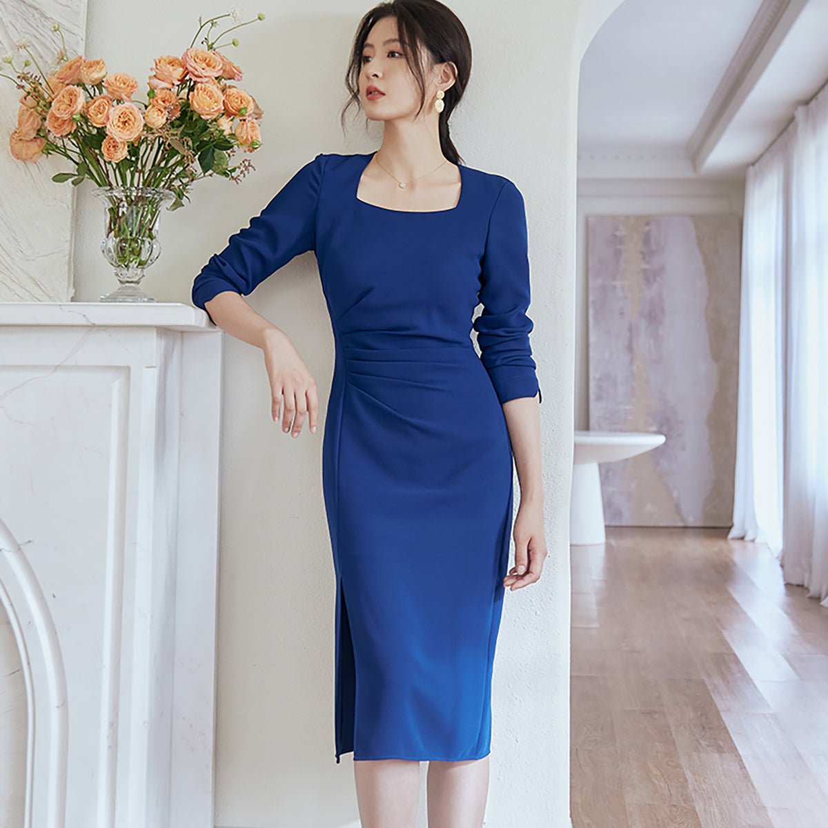 Square Neck Blue Bodycon Dress   0cm