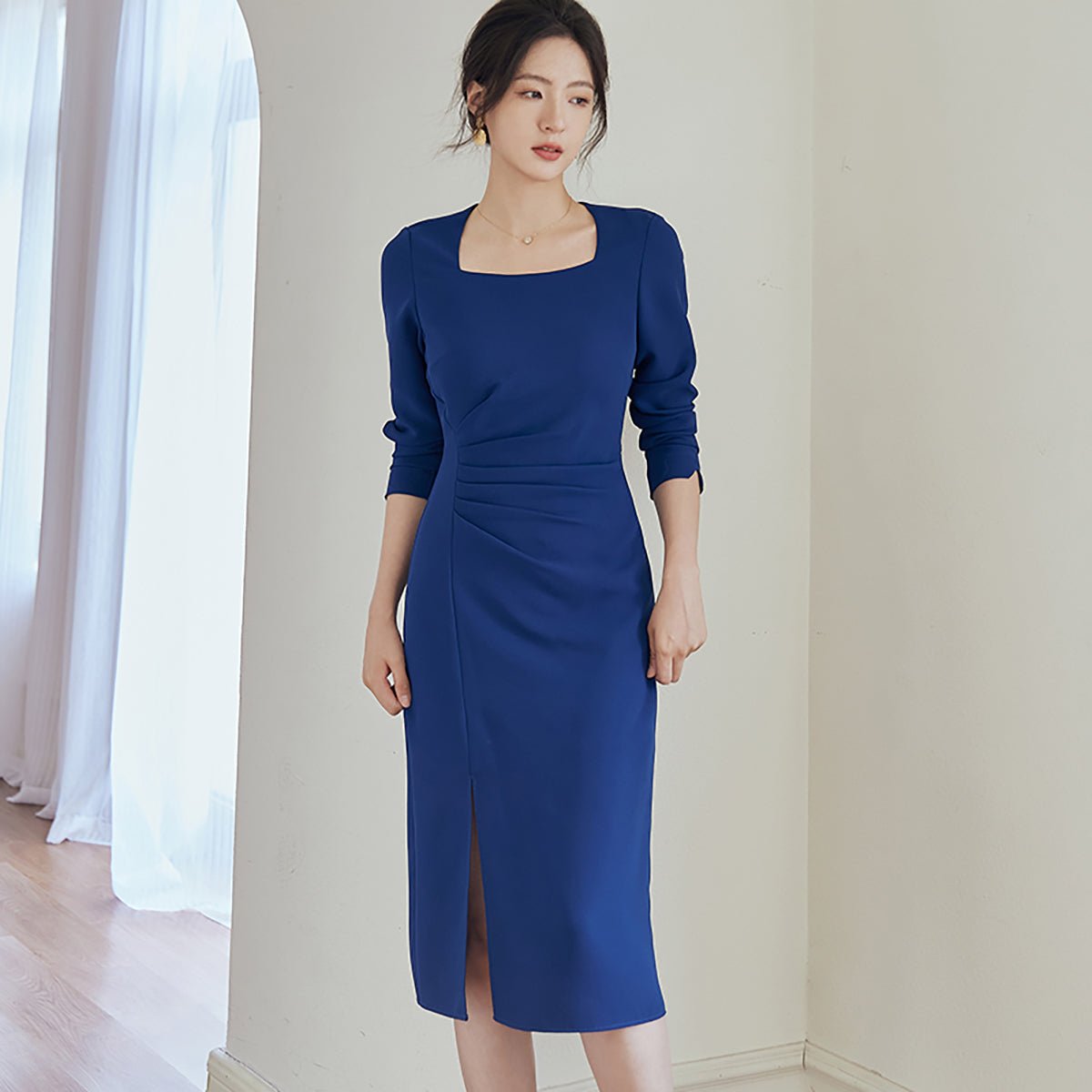 Square Neck Blue Bodycon Dress   0cm