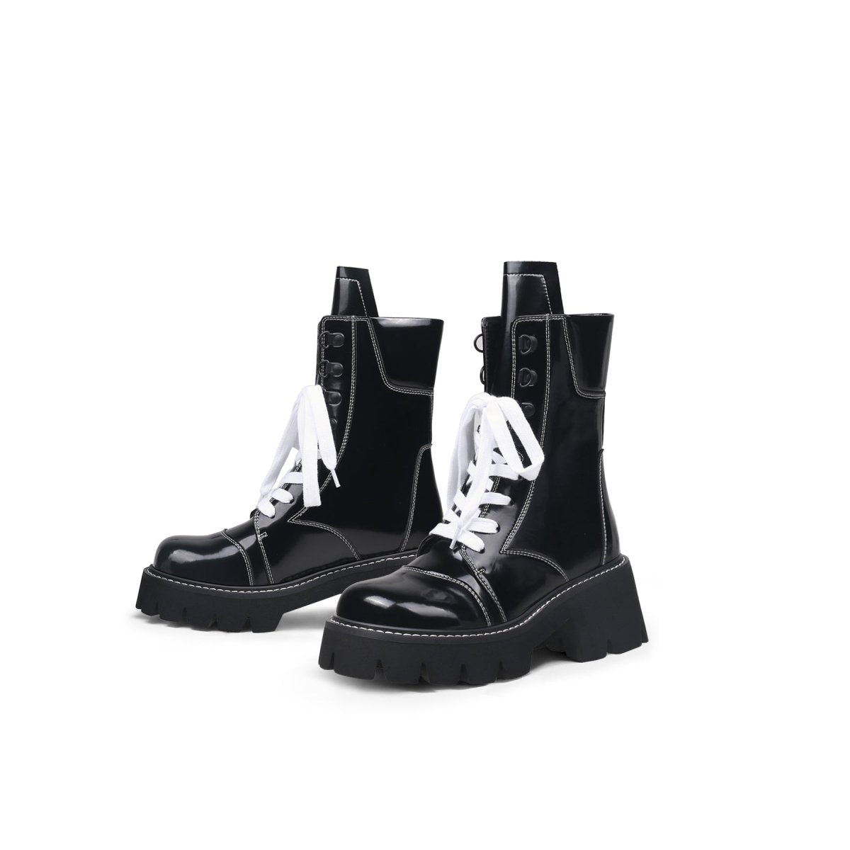 Stitch Outliner Patent Lace-up Black Boots - 0cm