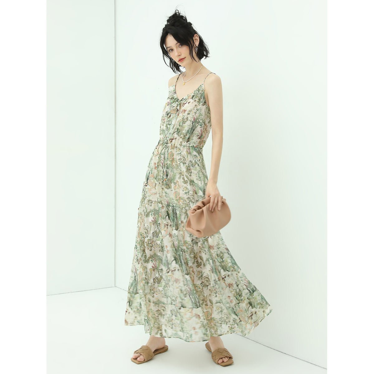 Strappy Floral Summer Jacquard Gathered Waist Green Chiffon Dress - 0cm