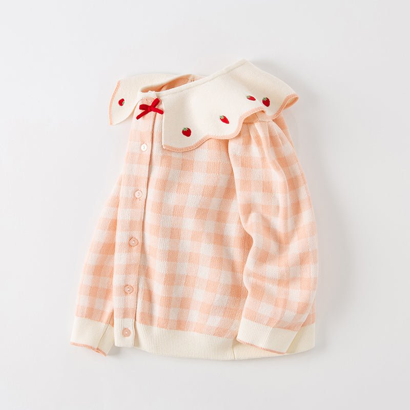Strawberry Ribbon Girl Pink Plaid Knitted Cardigan   0cm