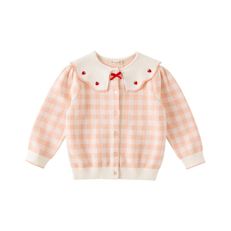 Strawberry Ribbon Girl Pink Plaid Knitted Cardigan   0cm