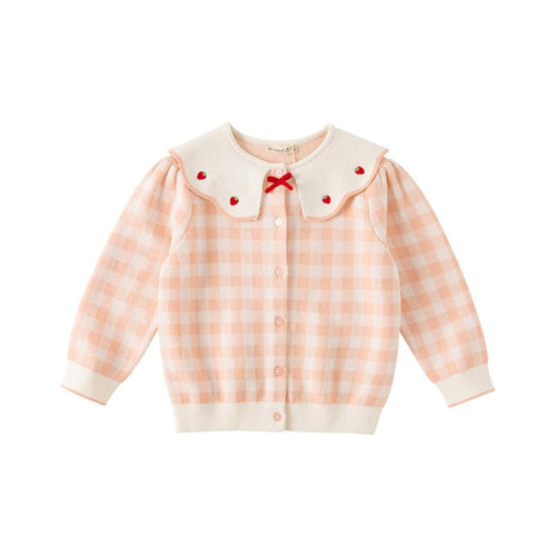 Strawberry Ribbon Girl Pink Plaid Knitted Cardigan   0cm