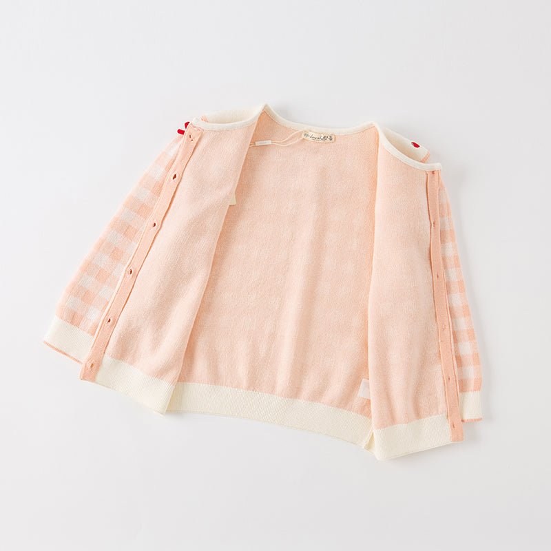 Strawberry Ribbon Girl Pink Plaid Knitted Cardigan   0cm