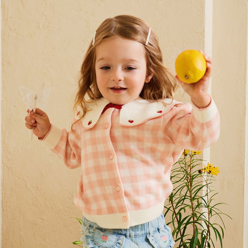 Strawberry Ribbon Girl Pink Plaid Knitted Cardigan   0cm