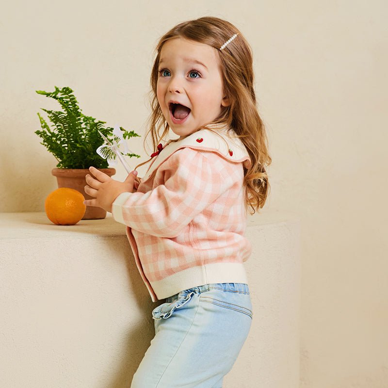 Strawberry Ribbon Girl Pink Plaid Knitted Cardigan   0cm