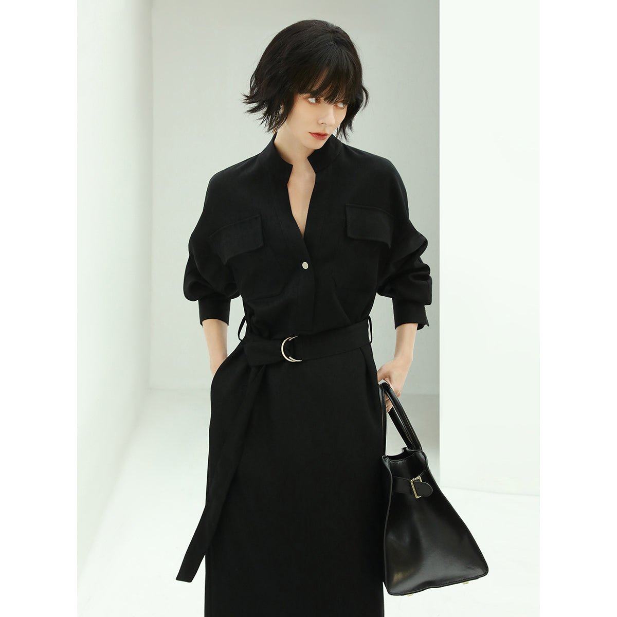 Structured Flap Belted Stand-up Collar Black Shirt Dress - 0cm