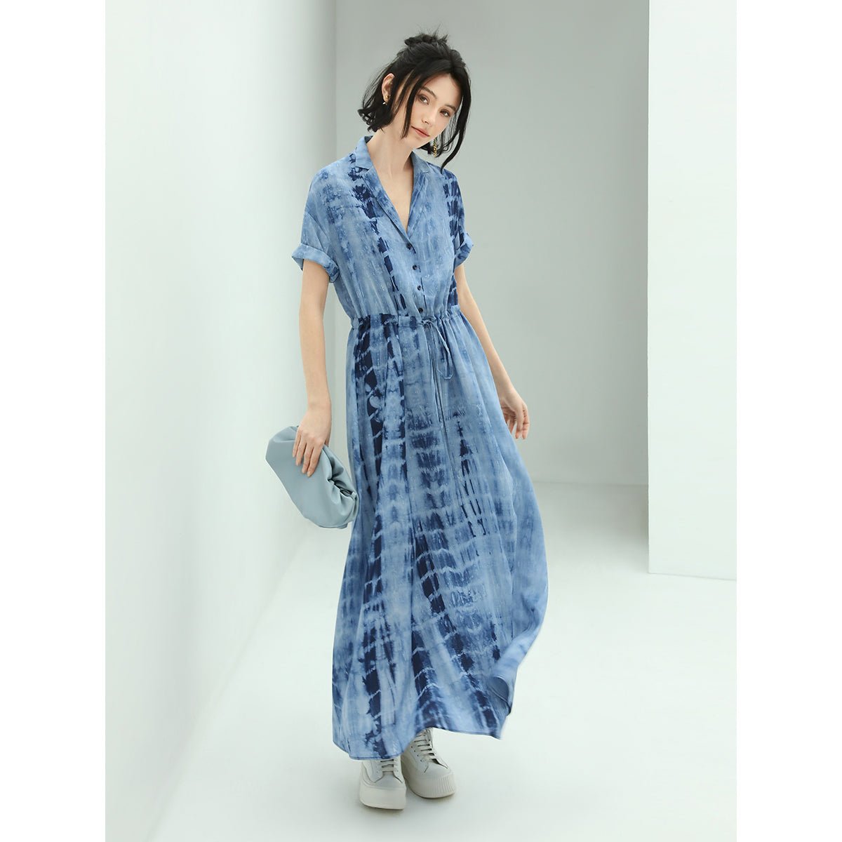 Summer Wave Hand-tiedy High-waist Blue Shirt Dress - 0cm