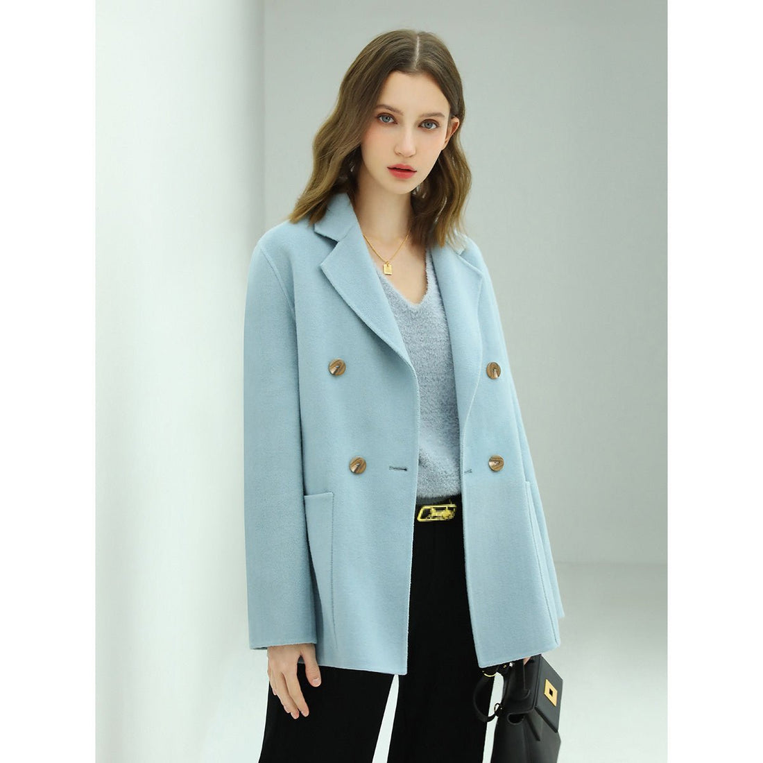 Tailored Cross Hatch Double Breasted Blue Wool Coat - 0cm