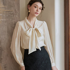 Tie-Neck Apricot Top with Bishop Sleeves