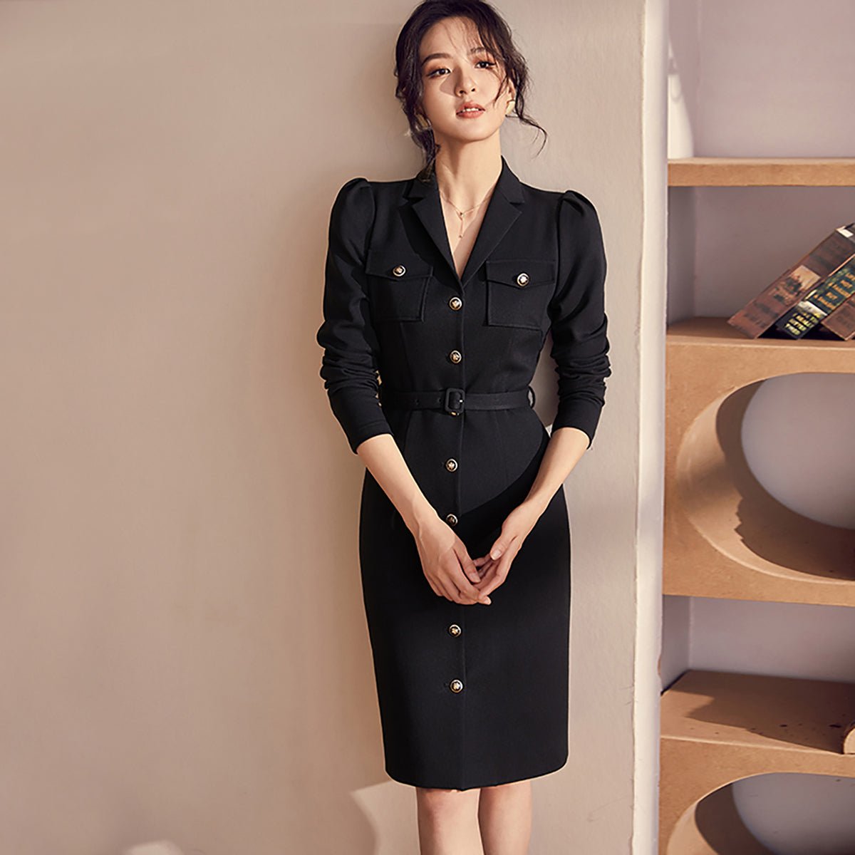 Timeless Black Lapel Dress   0cm