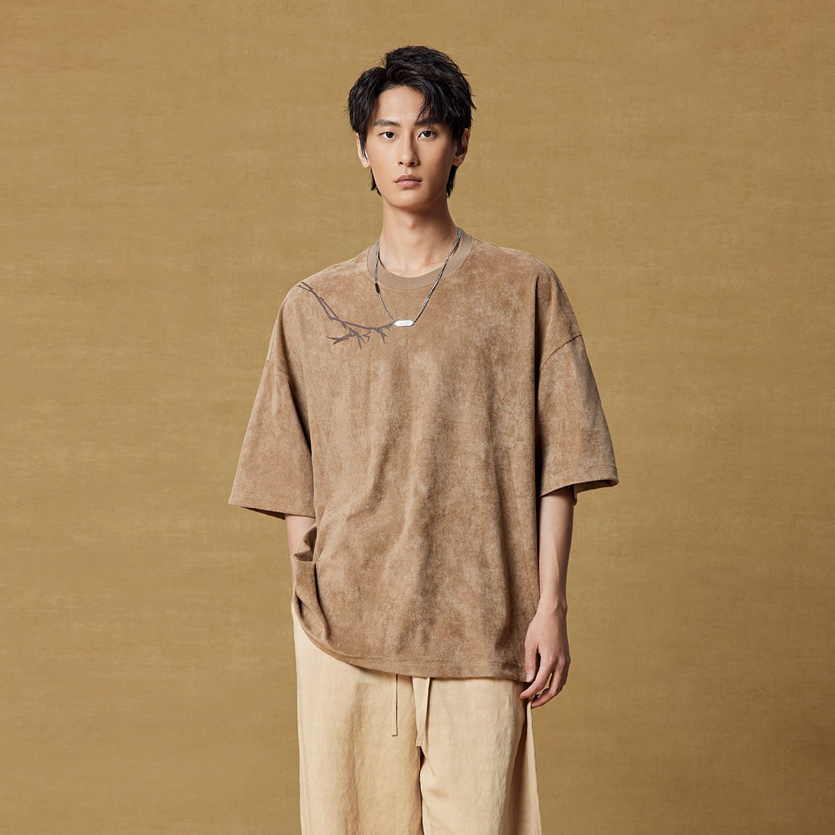 Tree Branch Detail Suede Loose fit Brown Tee   0cm