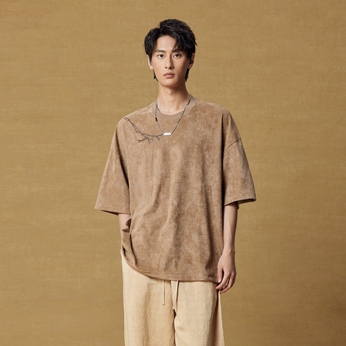 Tree Branch Detail Suede Loose fit Brown Tee   0cm