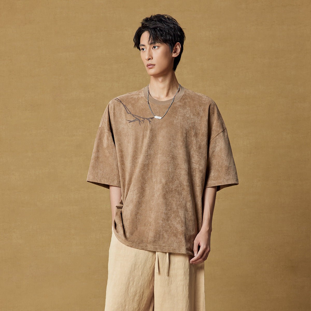Tree Branch Detail Suede Loose fit Brown Tee   0cm