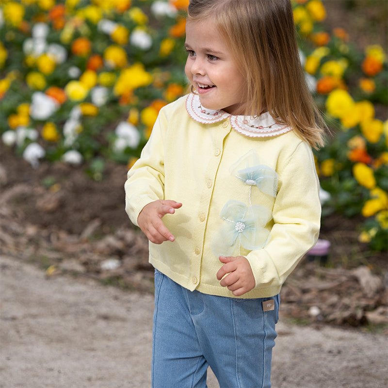 Tulle Flower Embroidery Girl Yellow Cardigan - 0cm