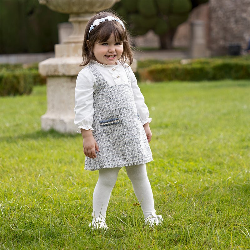 Tweed Panel Ruffled Fake Two piece Girl Grey Dress   0cm