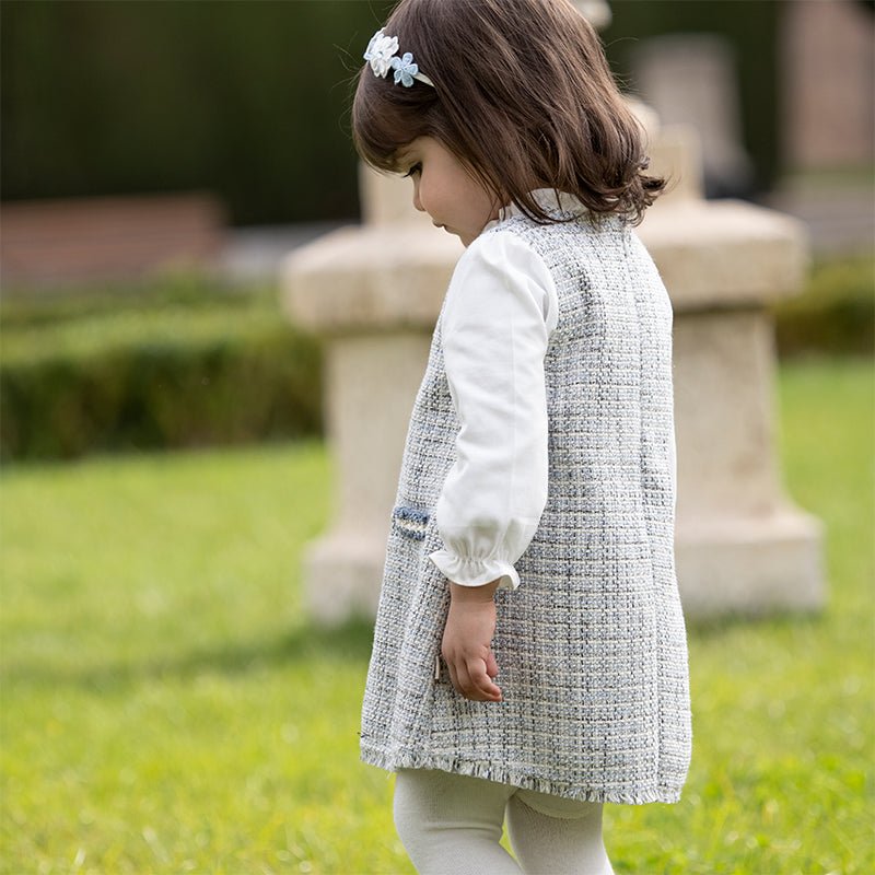 Tweed Panel Ruffled Fake Two piece Girl Grey Dress   0cm