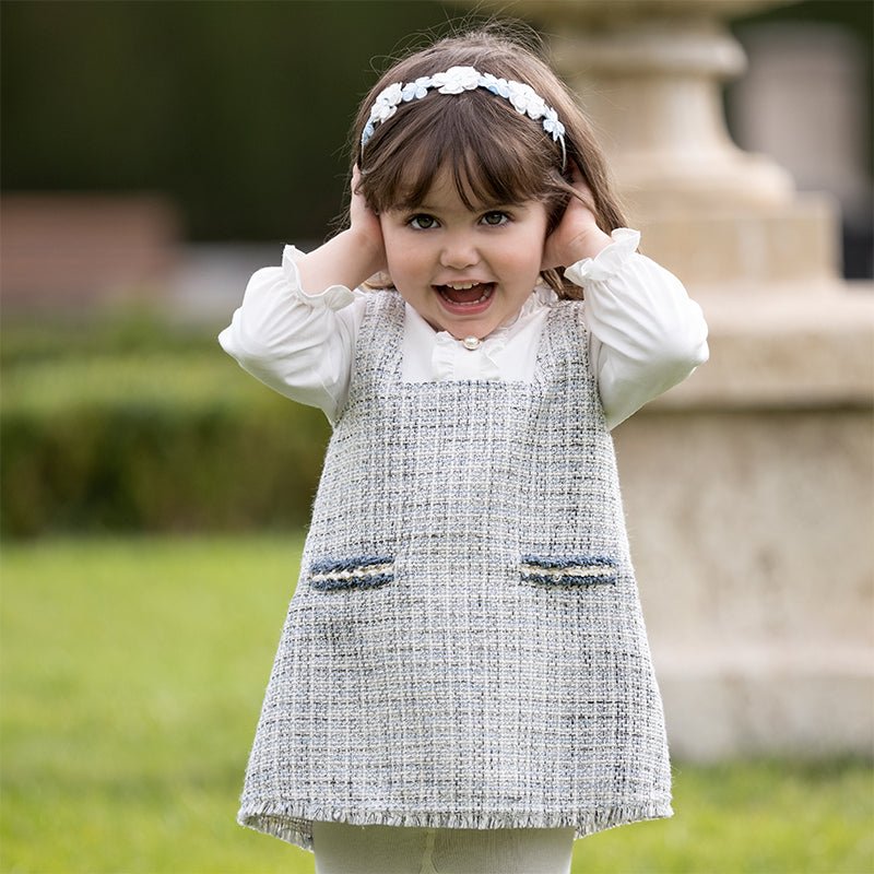 Tweed Panel Ruffled Fake Two piece Girl Grey Dress   0cm