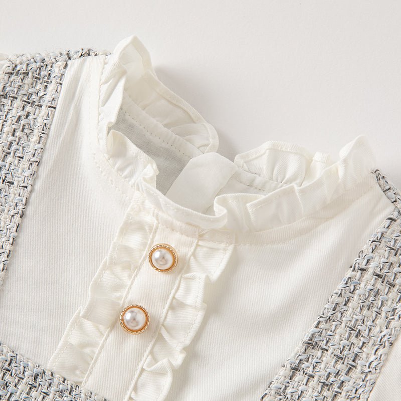 Tweed Panel Ruffled Fake Two piece Girl Grey Dress   0cm