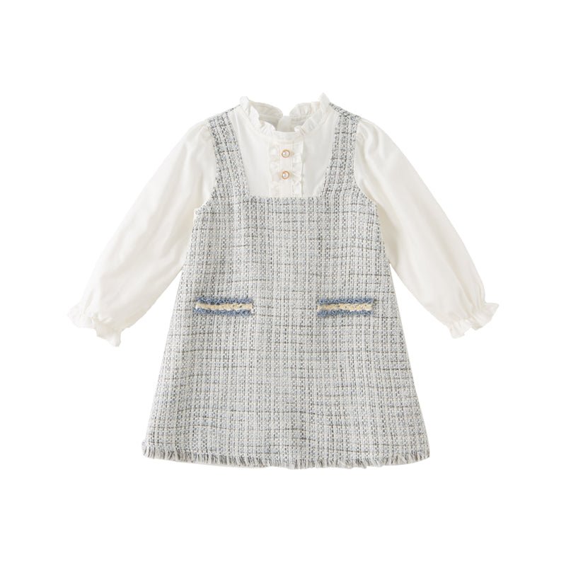 Tweed Panel Ruffled Fake Two piece Girl Grey Dress   0cm