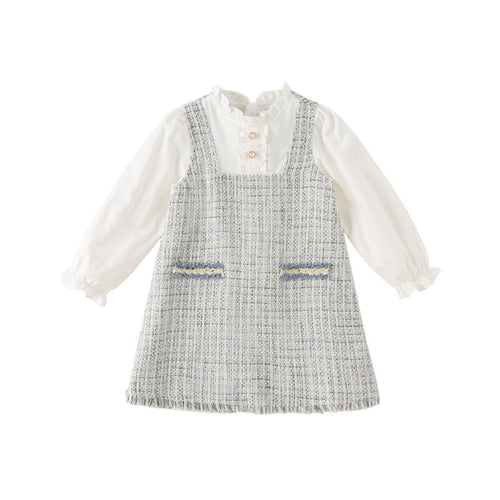 Tweed Panel Ruffled Fake Two piece Girl Grey Dress   0cm