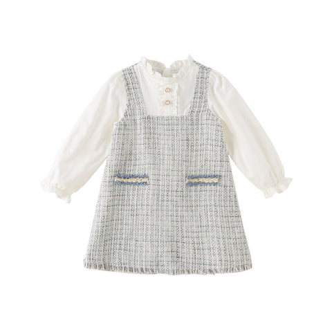 Tweed Panel Ruffled Fake Two-piece Girl Grey Dress