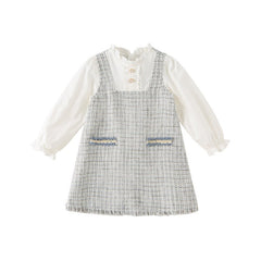 Tweed Panel Ruffled Fake Two-piece Girl Grey Dress