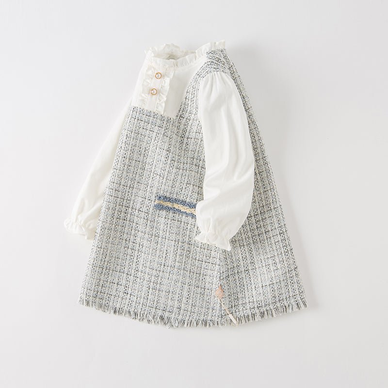 Tweed Panel Ruffled Fake Two piece Girl Grey Dress   0cm