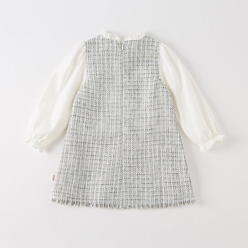 Tweed Panel Ruffled Fake Two piece Girl Grey Dress   0cm