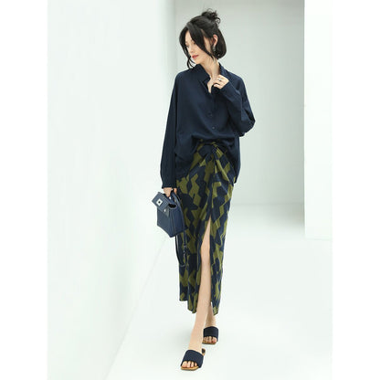 Twisted-waist Floral Geometric Slit Satin Green Midi Skirt - 0cm