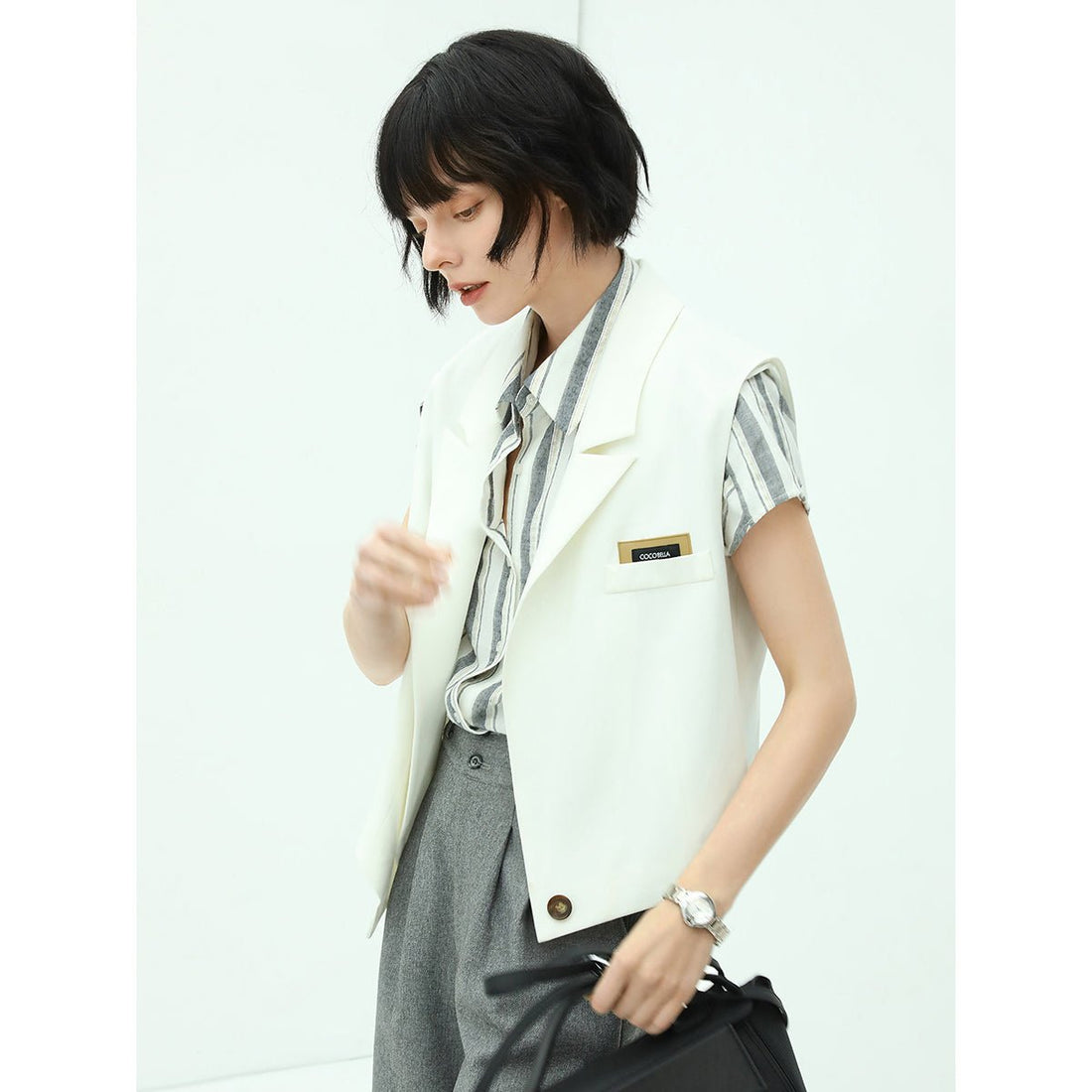 Uneven Bottom Logo Patch Single Breasted White Vest - 0cm