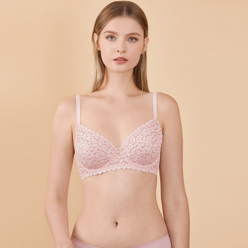 Unlined Lace Minimizer Full Coverage Underwire Back Closure Pink Bra   0cm