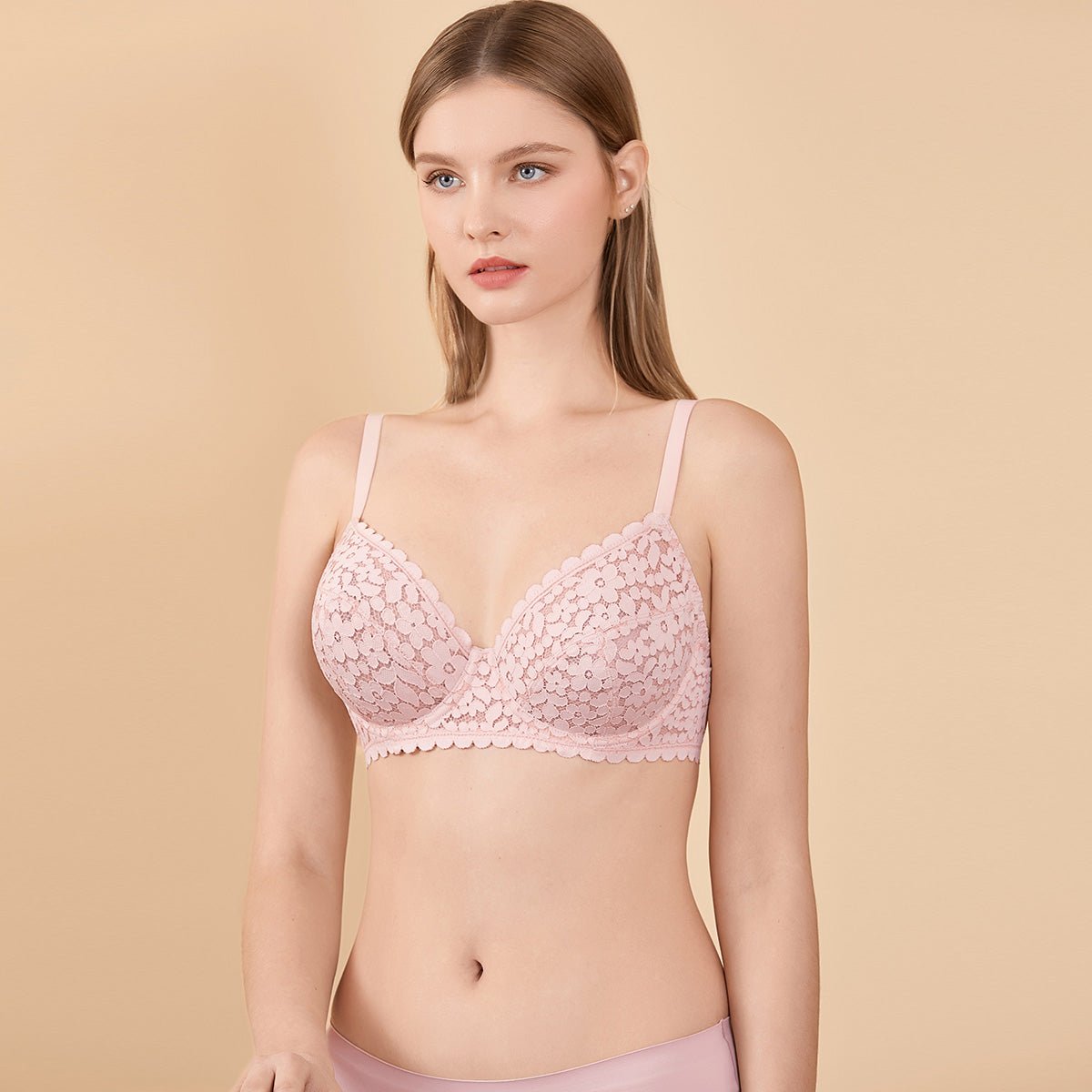 Unlined Lace Minimizer Full Coverage Underwire Back Closure Pink Bra - 0cm