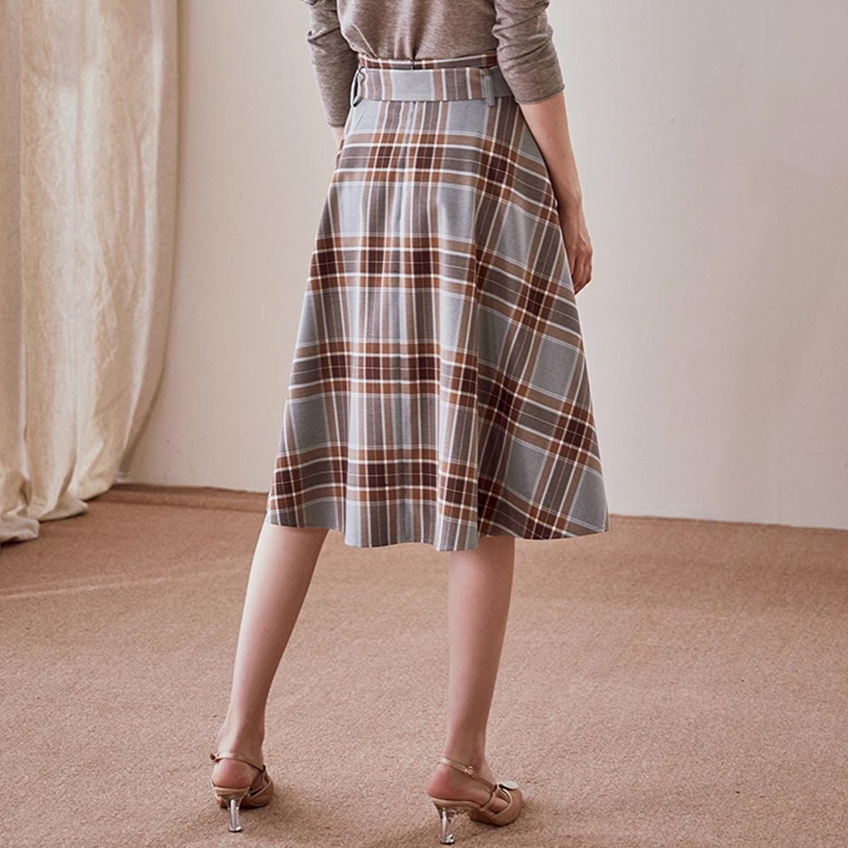 Versatile Gray Tartan Midi Skirt   0cm