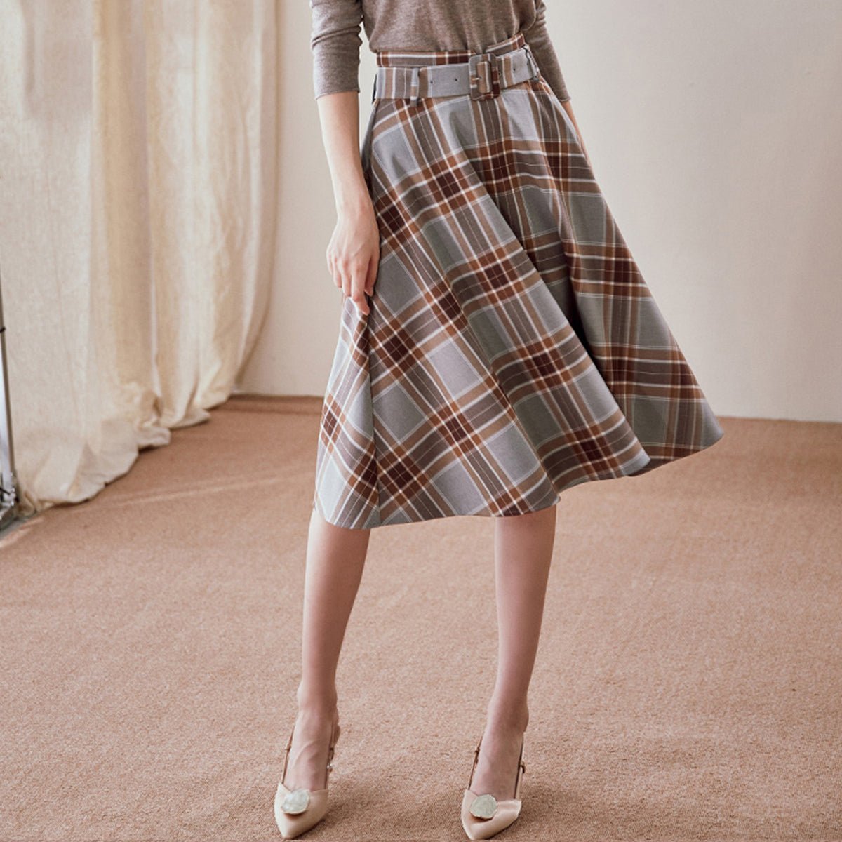 Versatile Gray Tartan Midi Skirt   0cm