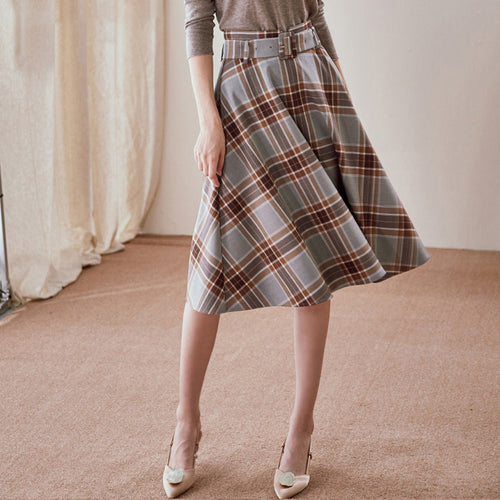 Versatile Gray Tartan Midi Skirt   0cm