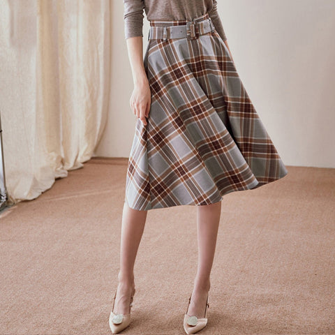 Versatile Gray Tartan Midi Skirt