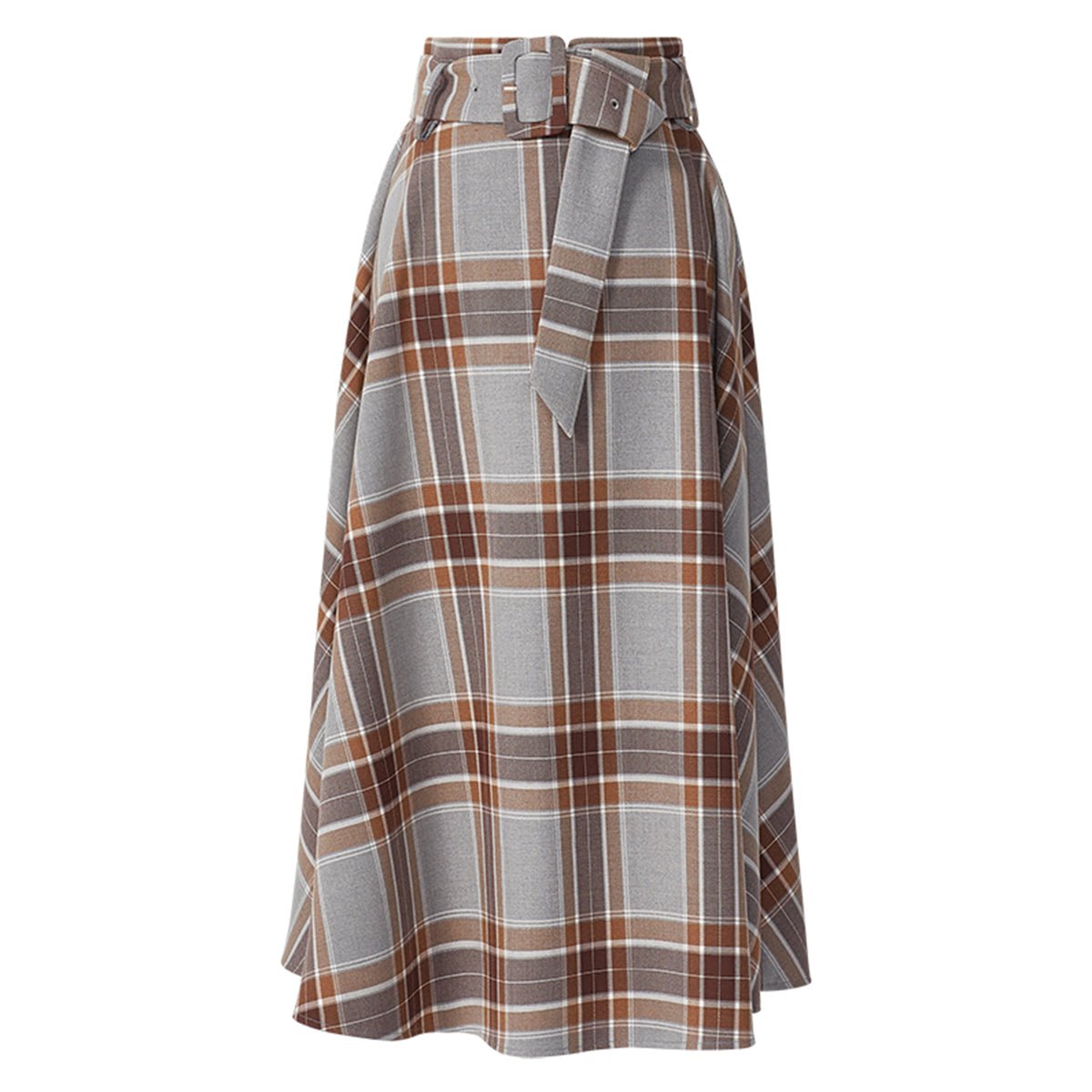 Versatile Gray Tartan Midi Skirt   0cm