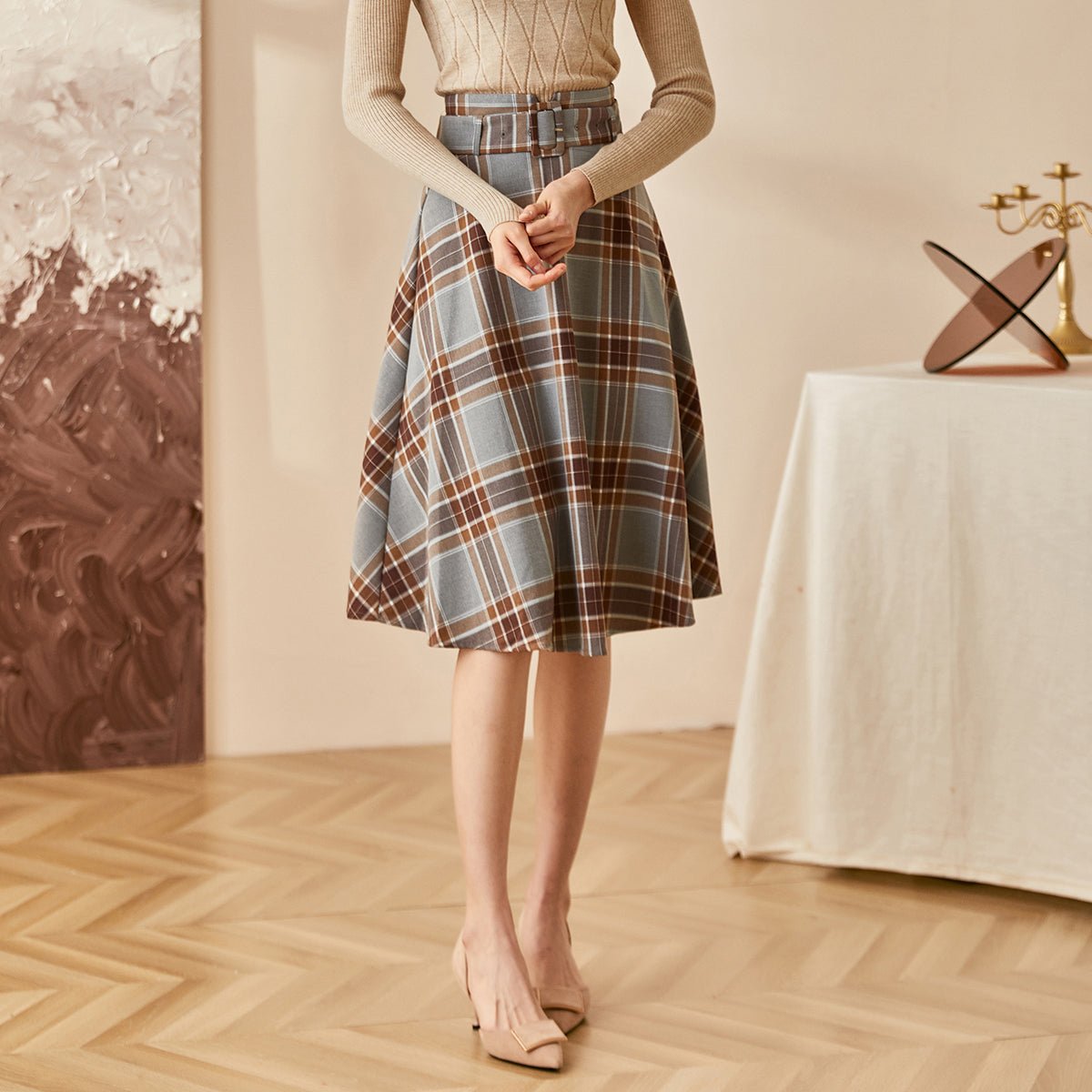 Versatile Gray Tartan Midi Skirt   0cm