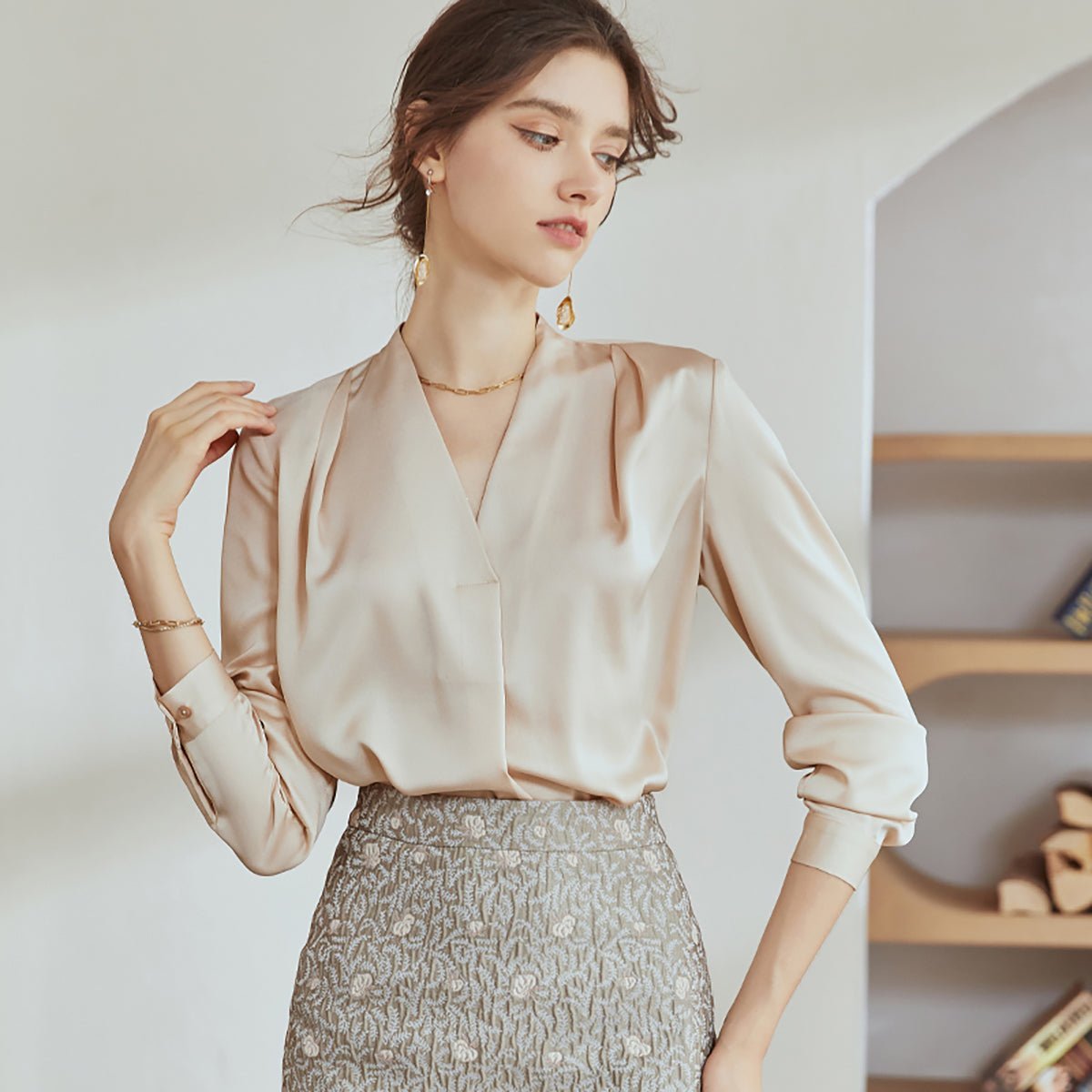Versatile V Neck Apricot Shirt 0cm