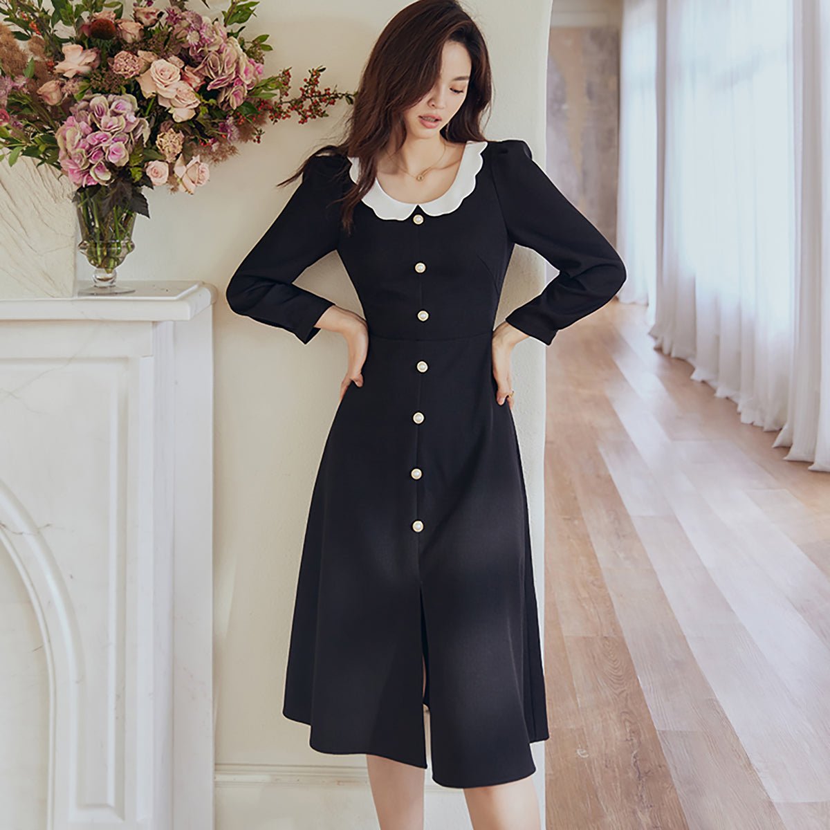 Vintage Pearl Detail Black A Line Dress   0cm