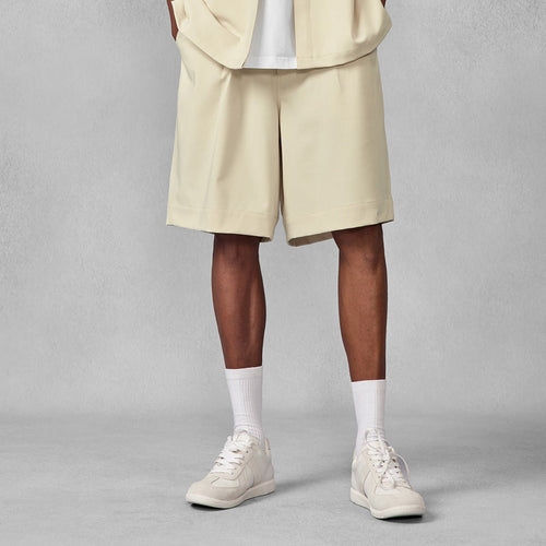 Weekend Time Unisex High waisted Pleated Beige Tailored Shorts   0cm
