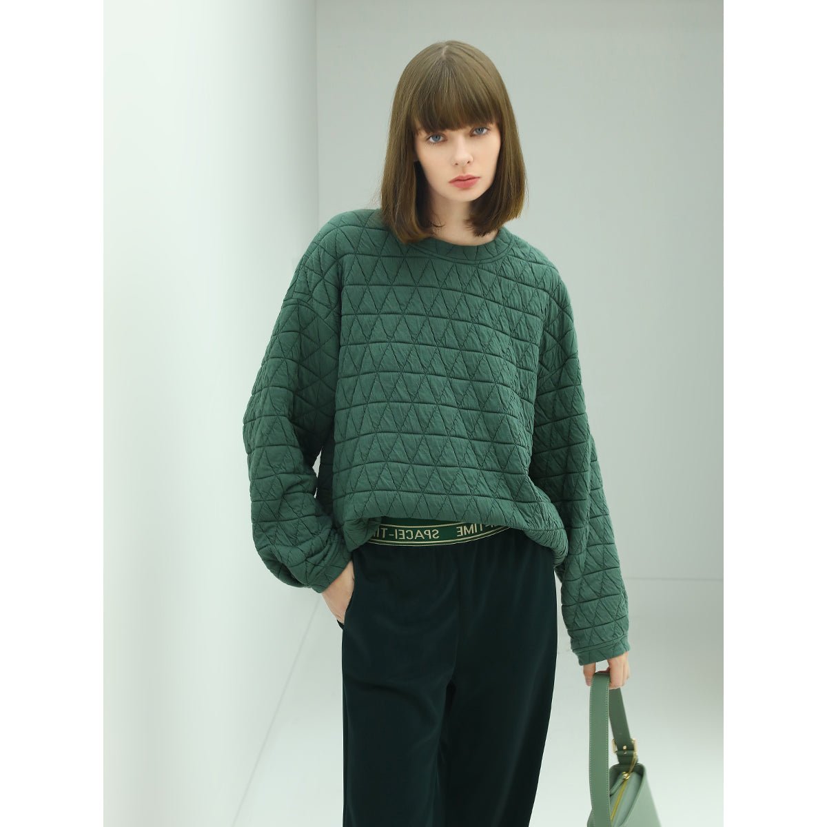 Weightless Geometry Quilted Green Pullover Sweater - 0cm