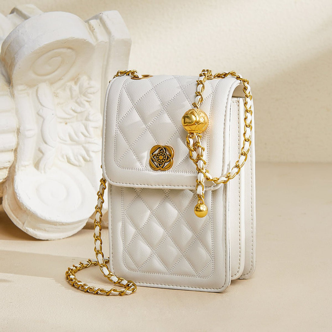 White Quilted Leather Chain Strap Bag - 0cm