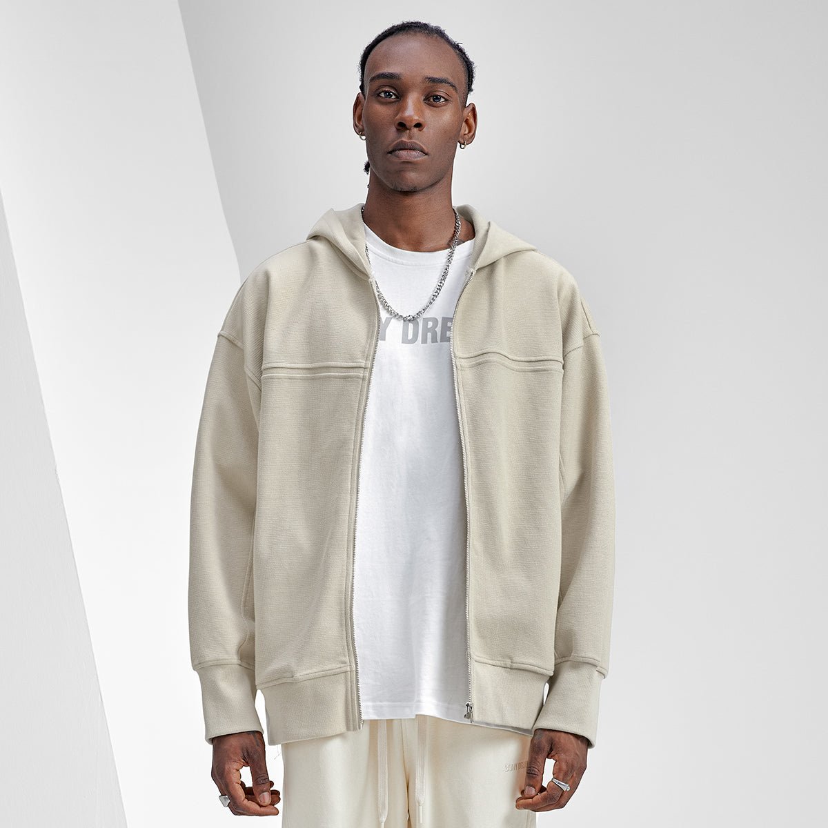 Wide Fit Zip Front Khaki Hooded Jacket   0cm