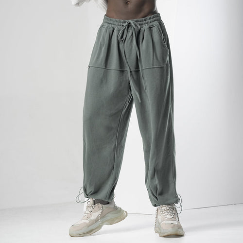 Wide Leg Strip Cord Elastic Waist Olive Sweatpants   0cm