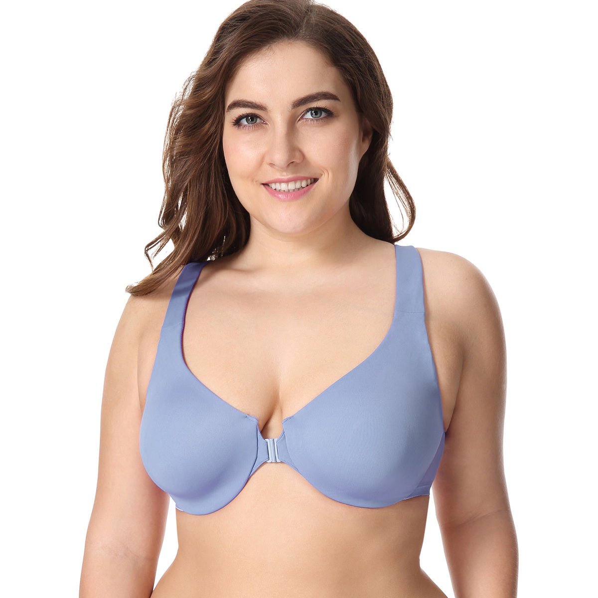 Wide Padded Straps Front Closure Underwire Plus Size Blue Full Coverage Bra   0cm