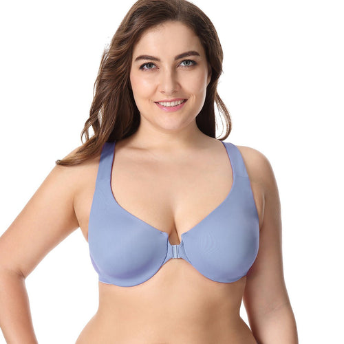 Wide Padded Straps Front Closure Underwire Plus Size Blue Full Coverage Bra   0cm